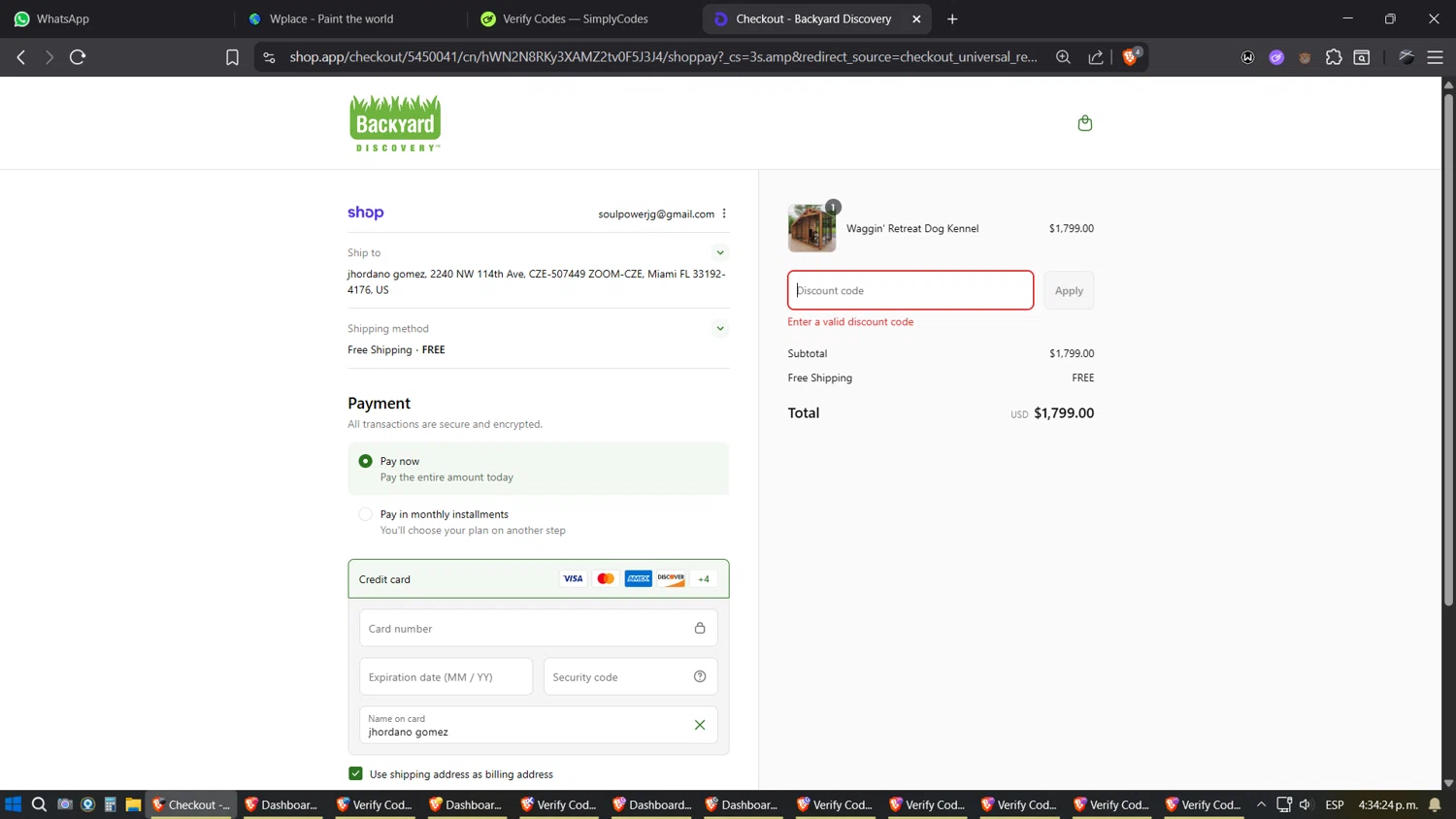Backyard Discovery promo code screenshot showing code WAGGIN15 applied at Backyard Discovery checkout page. Uploaded by SimplyCodes community member SimplyGOAT on Aug 29, 2025