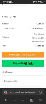 Backyard Paradise HQ coupon verification screenshot