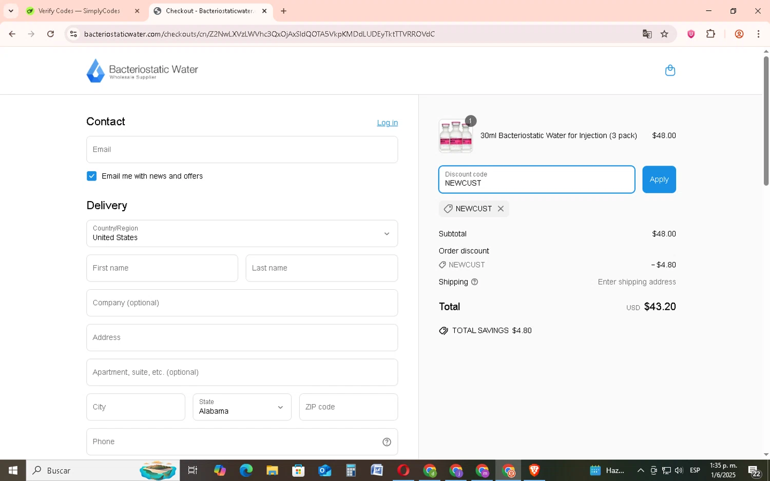 Bacteriostatic Water discount code screenshot showing code NEWCUST applied at Bacteriostatic Water checkout page. Uploaded by SimplyCodes community member EpicSage3474 on Jun 1, 2025