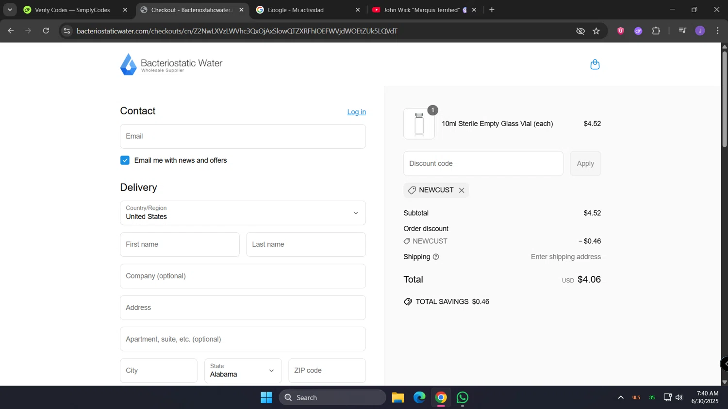 Bacteriostatic Water discount code screenshot showing code NEWCUST applied at Bacteriostatic Water checkout page. Uploaded by SimplyCodes community member lunita on Jun 30, 2025