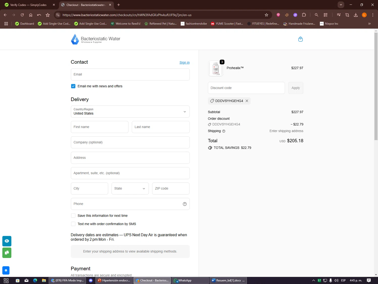 Bacteriostatic Water checkout page showing Bacteriostatic Water discount code box | Screenshot taken by SimplyCodes community member on Oct 2, 2025