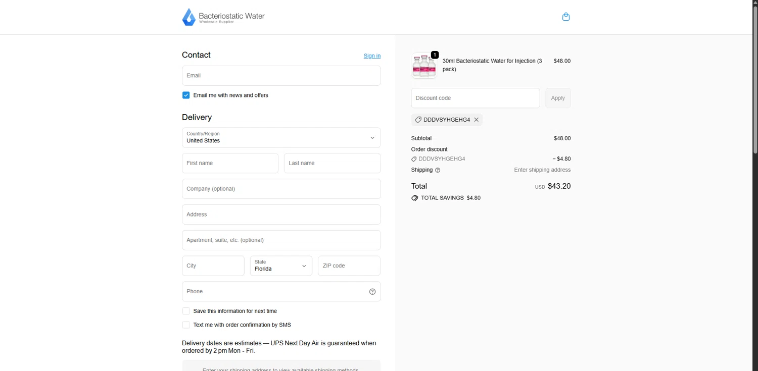 Bacteriostatic Water discount code screenshot showing code DDDVSYHGEHG4 applied at Bacteriostatic Water checkout page. Uploaded by SimplyCodes community member TreasureHero9595 on Oct 13, 2025