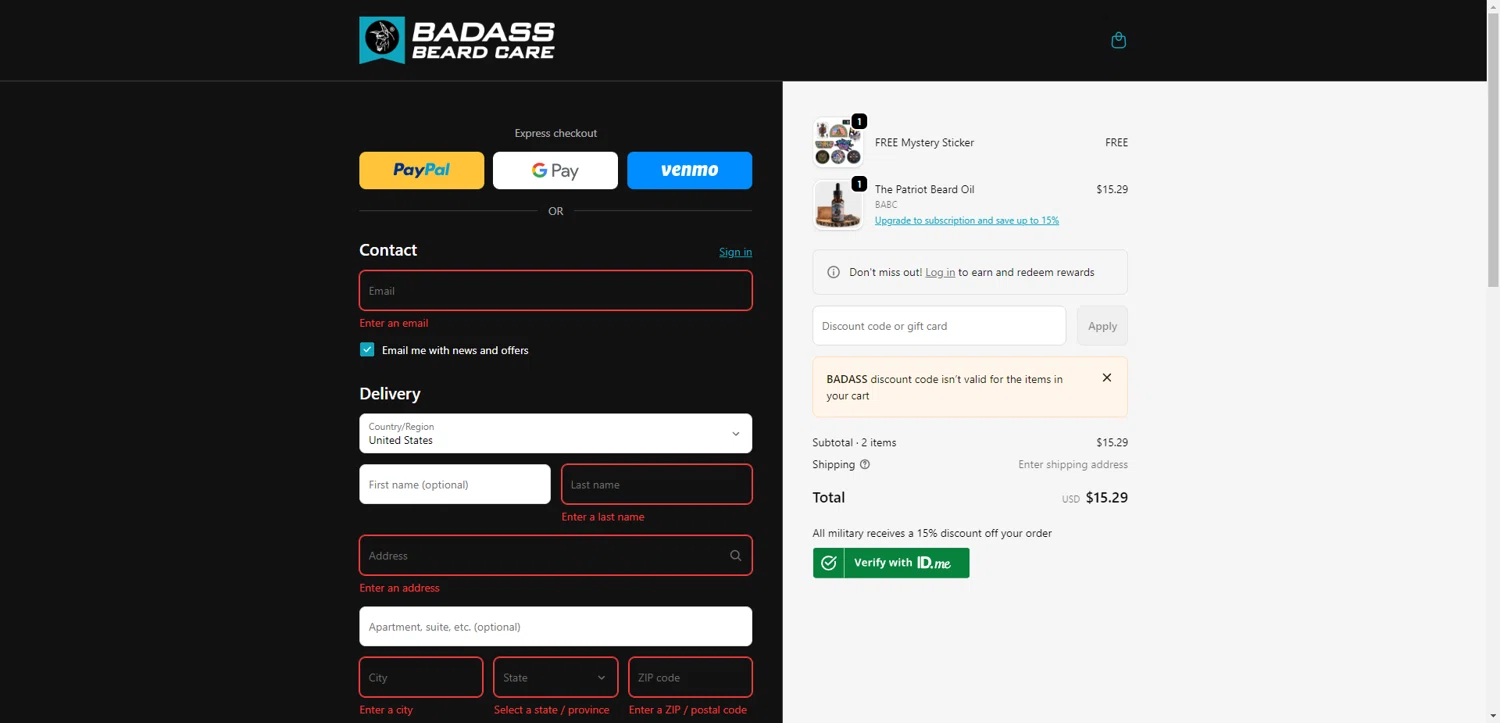 Badass Beard Care coupon code screenshot showing code BADASS applied at Badass Beard Care checkout page. Uploaded by SimplyCodes community member CrownWhiz8114 on Dec 28, 2025