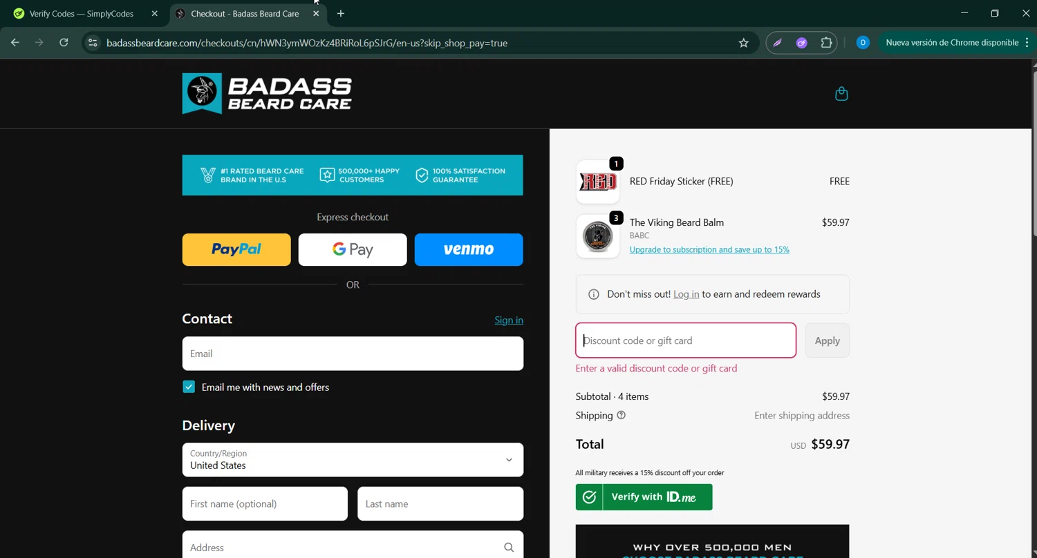 Badass Beard Care coupon code screenshot showing code SMS10 applied at Badass Beard Care checkout page. Uploaded by SimplyCodes community member CodeScholar4340 on Oct 11, 2025