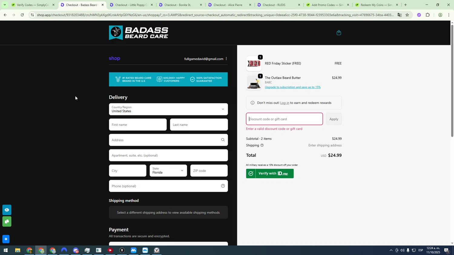 Badass Beard Care coupon code screenshot showing code SMS10 applied at Badass Beard Care checkout page. Uploaded by SimplyCodes community member sfdfgdsfgdfgdfg on Oct 11, 2025