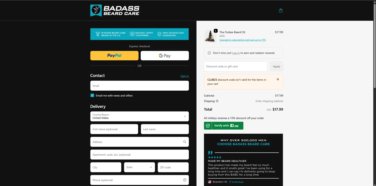 Badass Beard Care checkout page showing Badass Beard Care coupon code box | Screenshot taken by SimplyCodes community member on Feb 5, 2026