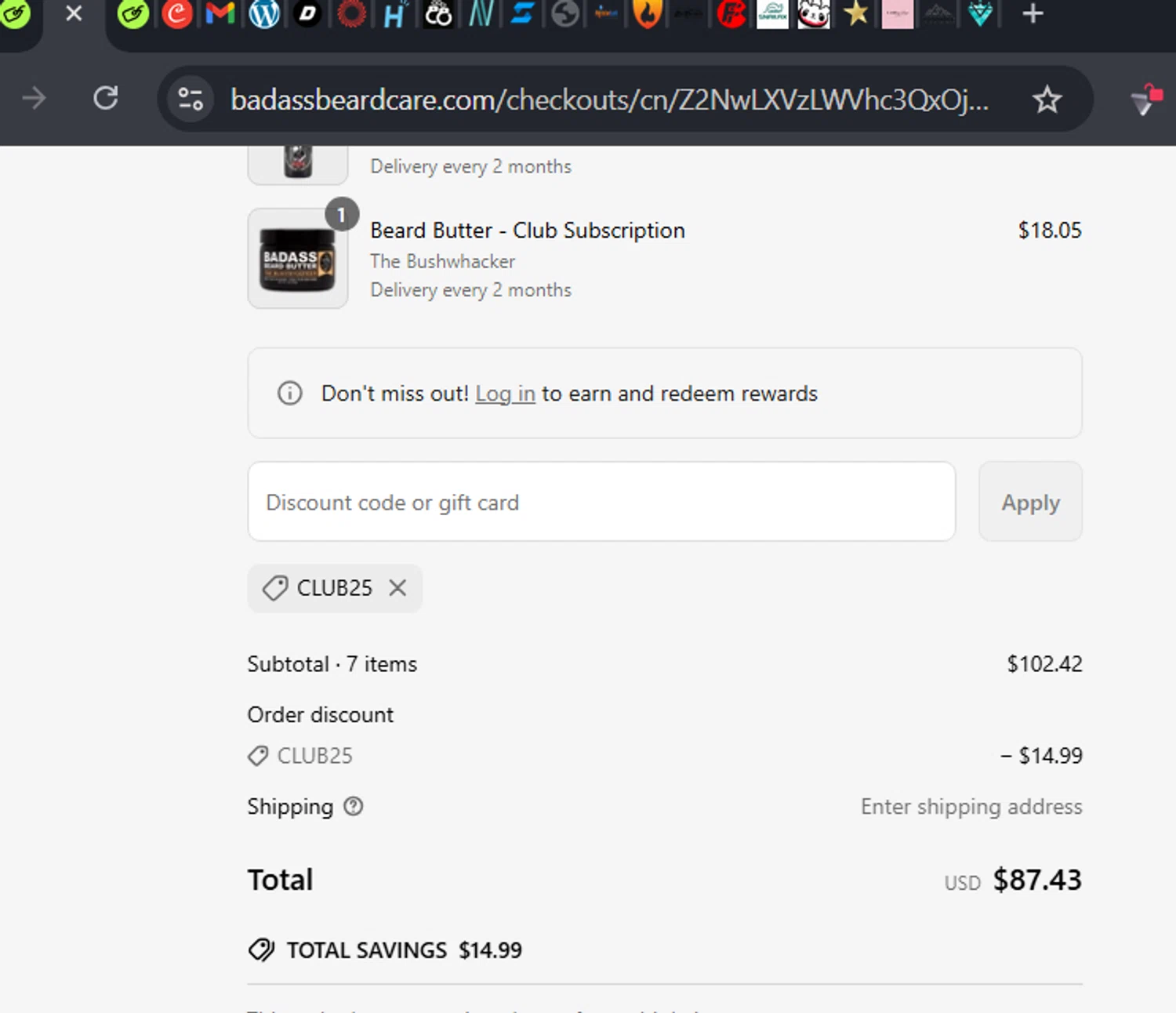 Badass Beard Care coupon code screenshot showing code CLUB25 applied at Badass Beard Care checkout page. Uploaded by SimplyCodes community member RafaLB on May 16, 2025
