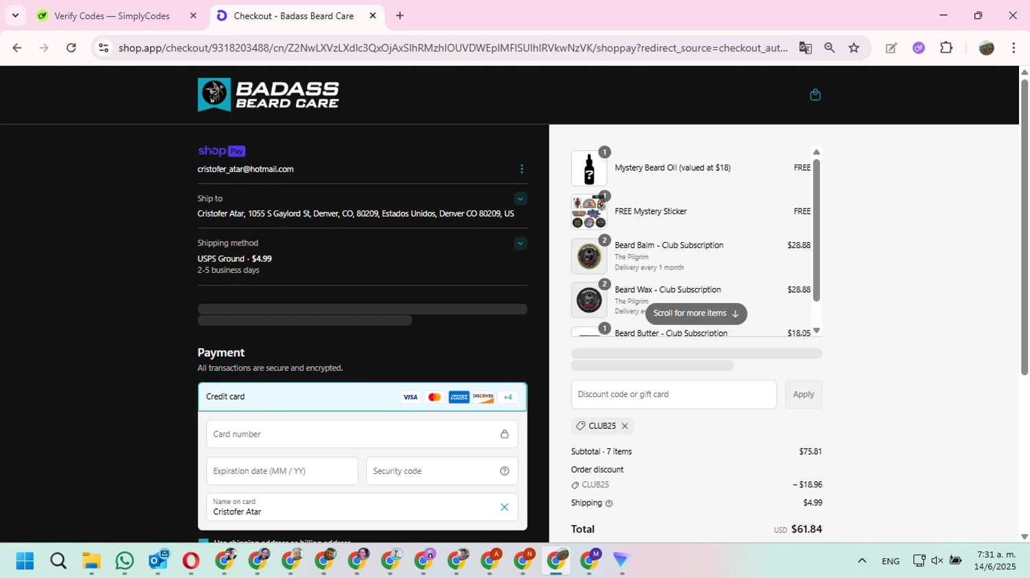 Badass Beard Care coupon code screenshot showing code CLUB25 applied at Badass Beard Care checkout page. Uploaded by SimplyCodes community member FundoEsperanza on Jun 14, 2025