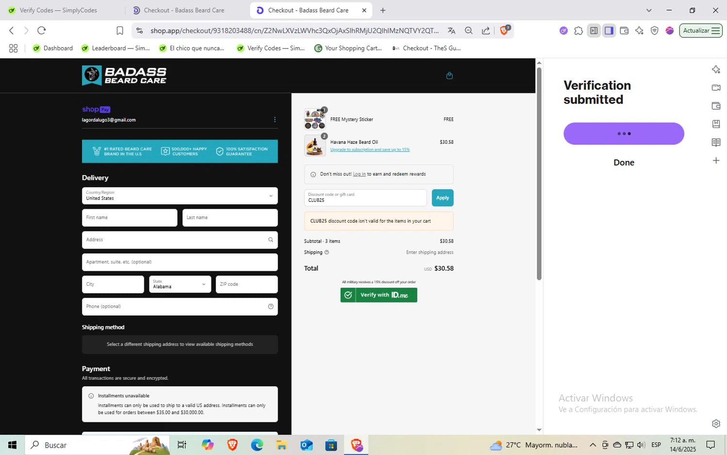 Badass Beard Care coupon code screenshot showing code CLUB25 applied at Badass Beard Care checkout page. Uploaded by SimplyCodes community member Rayyyyyy on Jun 14, 2025