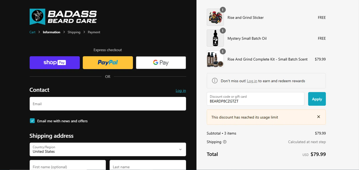 Badass Beard Care coupon code screenshot showing code BEARDP8CZGTZT applied at Badass Beard Care checkout page. Uploaded by SimplyCodes community member VoucherSleuth8988 on Jan 15, 2025