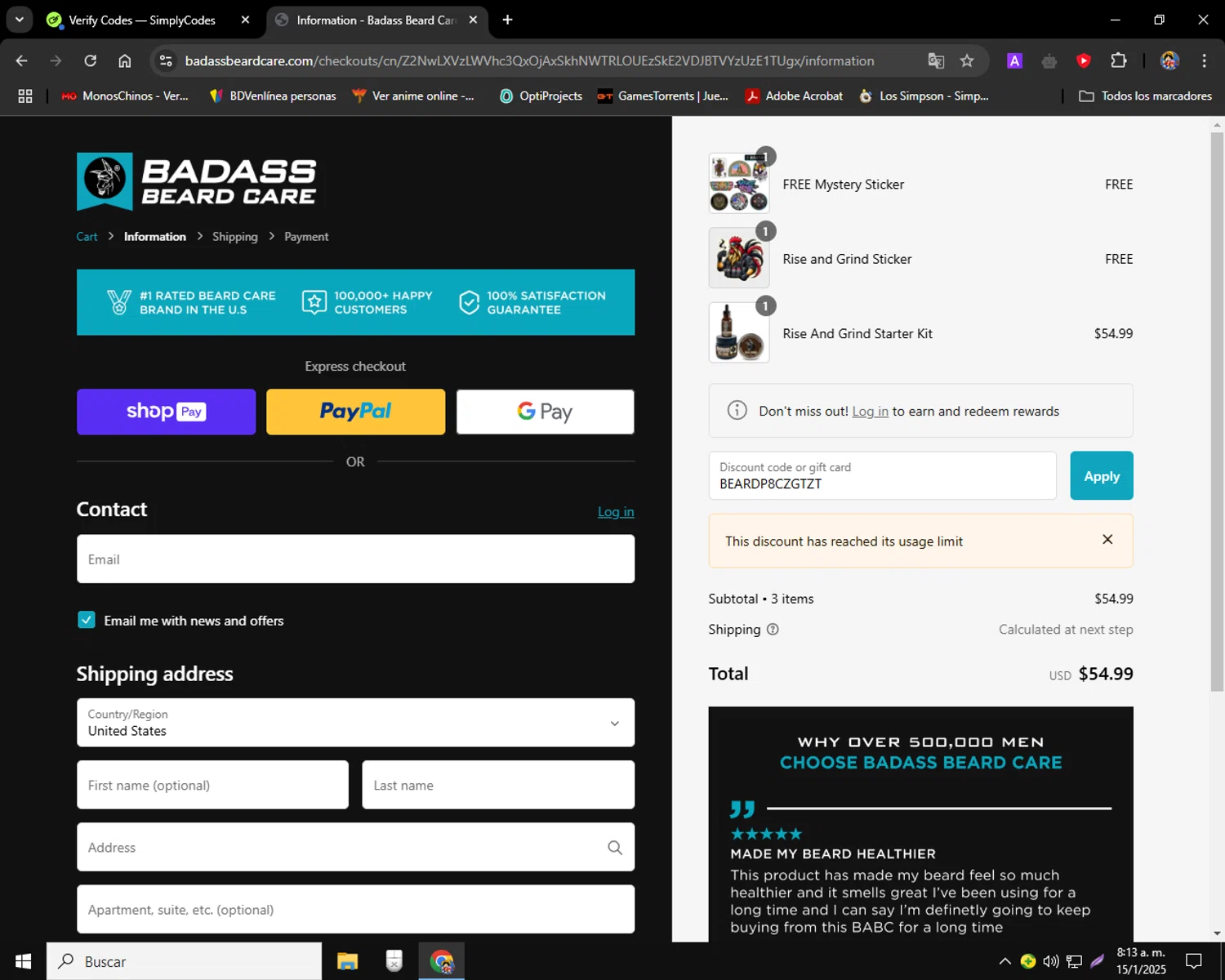 Badass Beard Care coupon code screenshot showing code BEARDP8CZGTZT applied at Badass Beard Care checkout page. Uploaded by SimplyCodes community member charmander589 on Jan 15, 2025