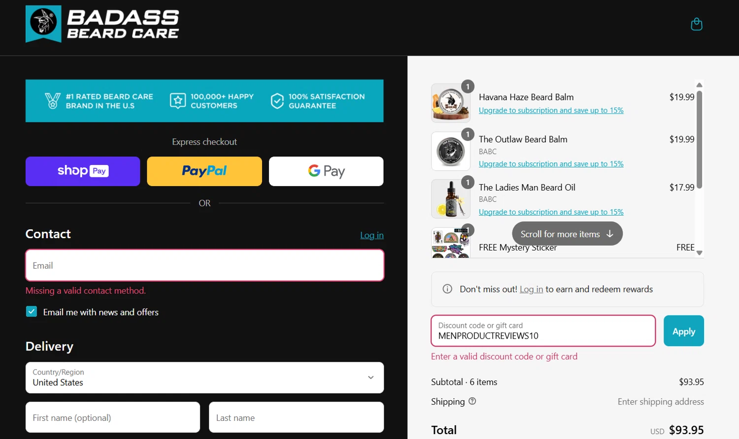 Badass Beard Care coupon code screenshot showing code MENPRODUCTREVIEWS10 applied at Badass Beard Care checkout page. Uploaded by SimplyCodes community member Gray_75 on May 7, 2025