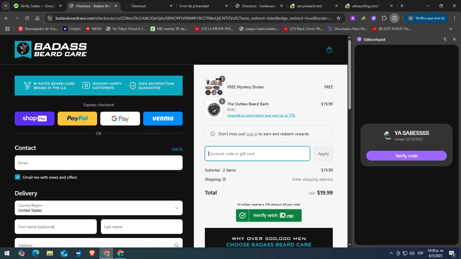 Badass Beard Care coupon code screenshot showing code MENPRODUCTREVIEWS10 applied at Badass Beard Care checkout page. Uploaded by SimplyCodes community member yasabesssss on May 7, 2025