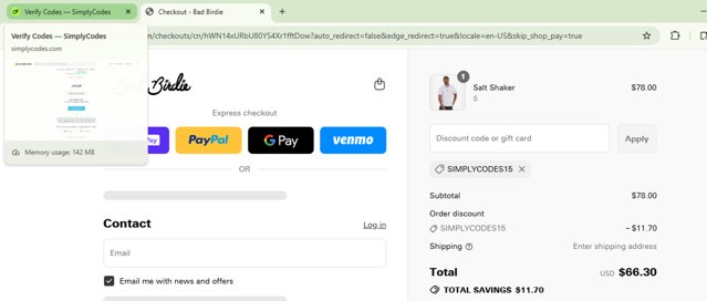 Bad Birdie checkout page showing Bad Birdie discount code box | Screenshot taken by SimplyCodes community member on Jul 26, 2025