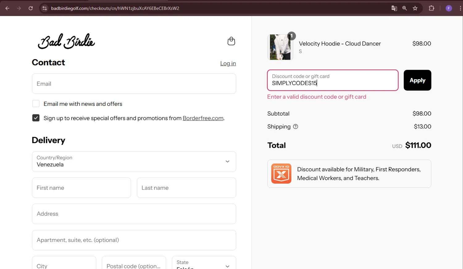 Bad Birdie discount code screenshot showing code SIMPLYCODES15 applied at Bad Birdie checkout page. Uploaded by SimplyCodes community member Richard2 on Aug 19, 2025