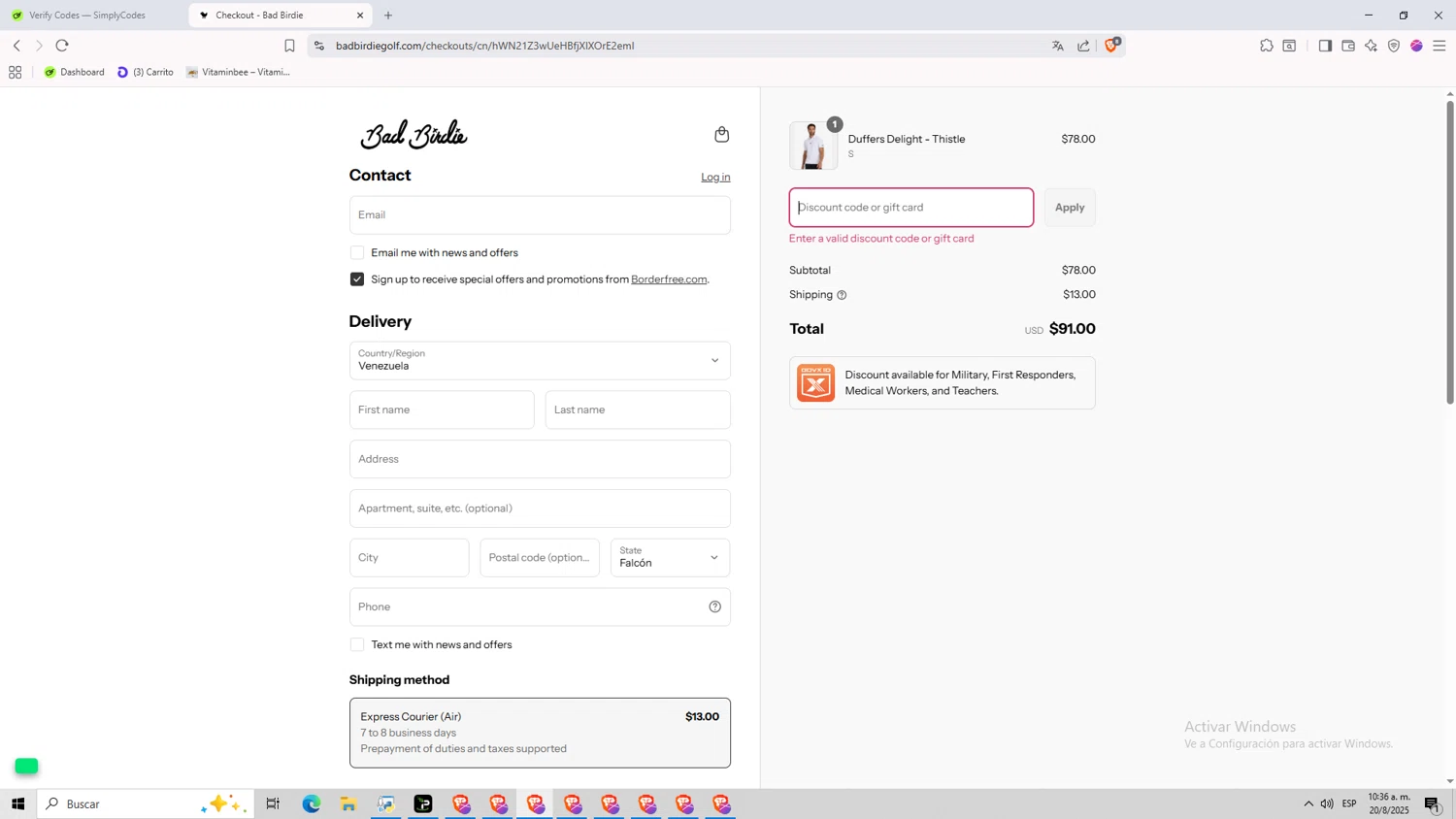 Bad Birdie discount code screenshot showing code SIMPLYCODES30 applied at Bad Birdie checkout page. Uploaded by SimplyCodes community member Dios_Salchicha_Mistica on Aug 20, 2025