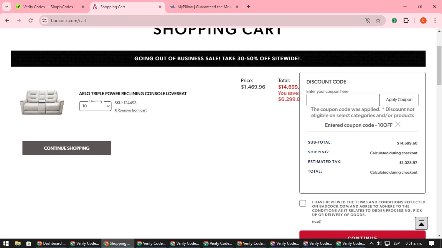 Badcock Home Furnishing & More checkout page showing Badcock Home Furnishing & More promo code box | Screenshot taken by SimplyCodes community member on Aug 9, 2024