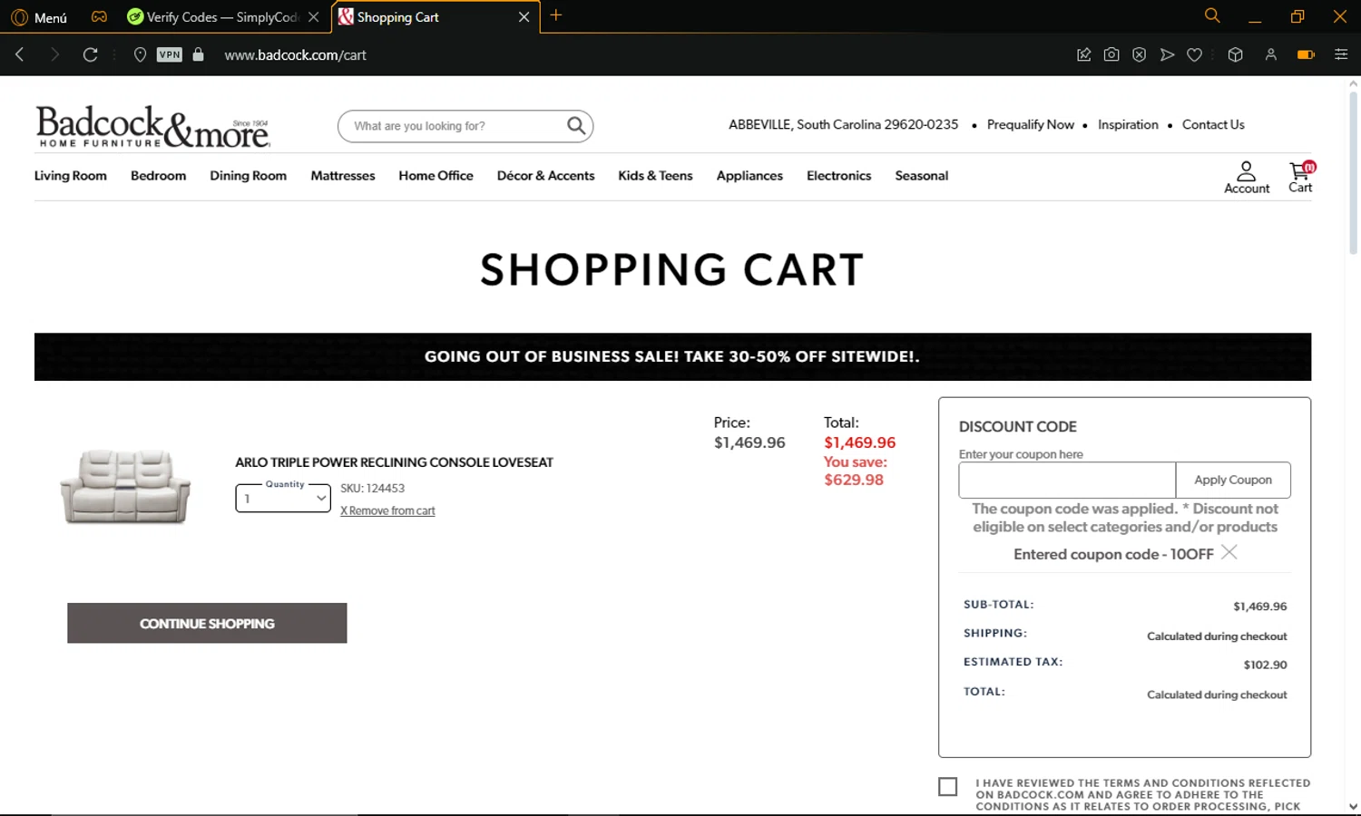 Badcock Home Furnishing & More checkout page showing Badcock Home Furnishing & More promo code box | Screenshot taken by SimplyCodes community member on Aug 9, 2024
