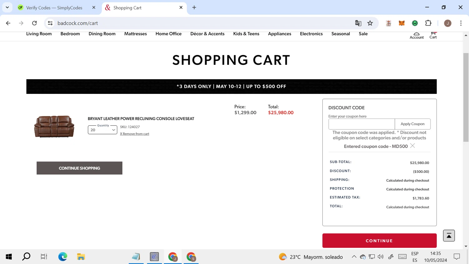 Badcock Home Furnishing & More checkout page showing Badcock Home Furnishing & More promo code box | Screenshot taken by SimplyCodes community member on May 10, 2024