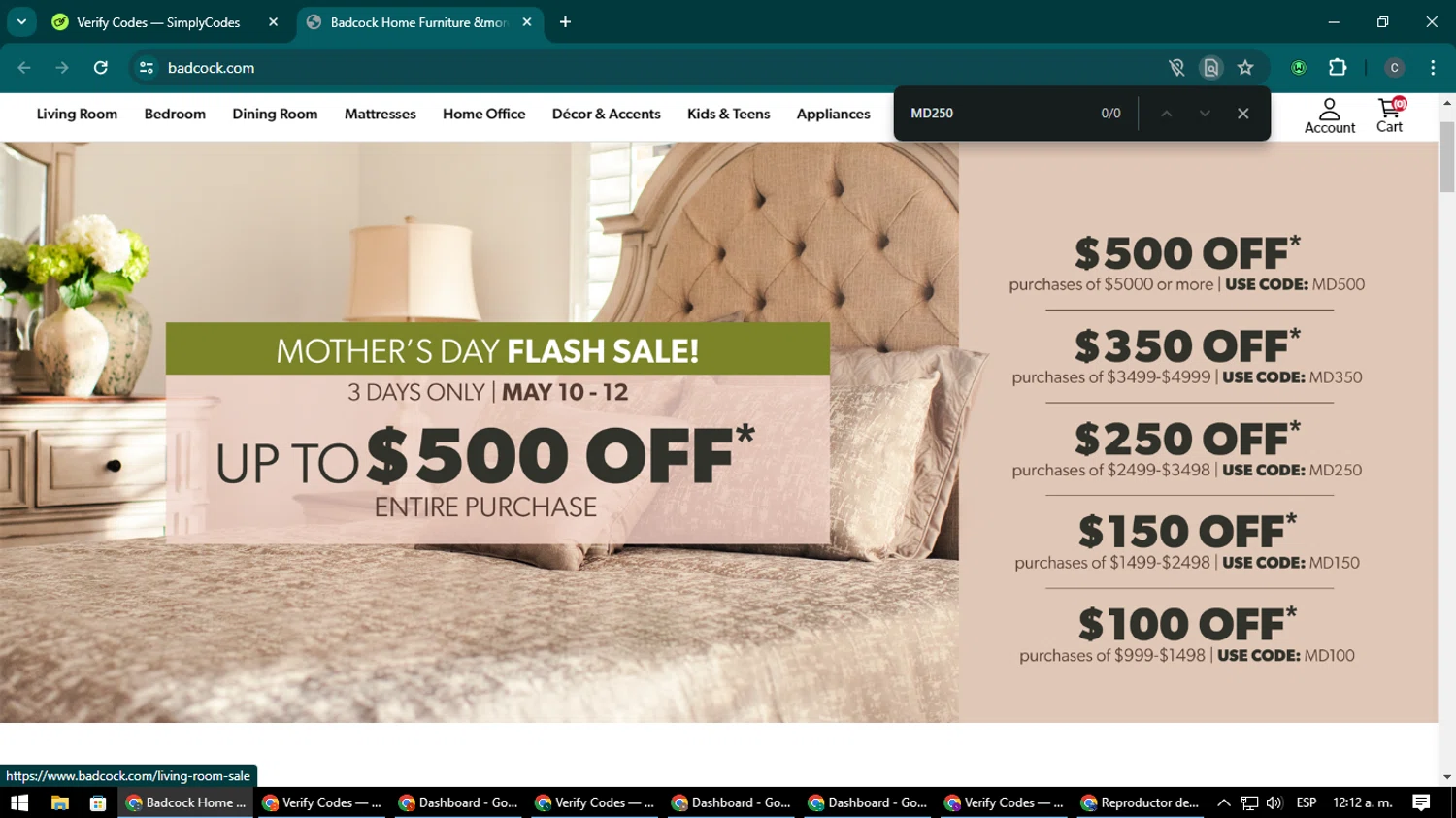 Badcock Home Furnishing & More checkout page showing Badcock Home Furnishing & More promo code box | Screenshot taken by SimplyCodes community member on May 10, 2024