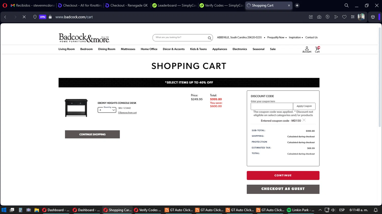 Badcock Home Furnishing & More checkout page showing Badcock Home Furnishing & More promo code box | Screenshot taken by SimplyCodes community member on May 10, 2024