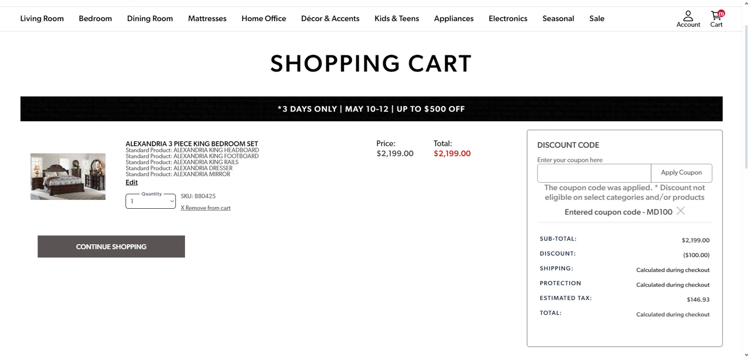 Badcock Home Furnishing & More checkout page showing Badcock Home Furnishing & More promo code box | Screenshot taken by SimplyCodes community member on May 10, 2024