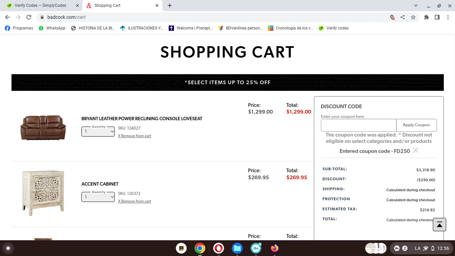 Badcock Home Furnishing & More checkout page showing Badcock Home Furnishing & More promo code box | Screenshot taken by SimplyCodes community member on Jun 14, 2024