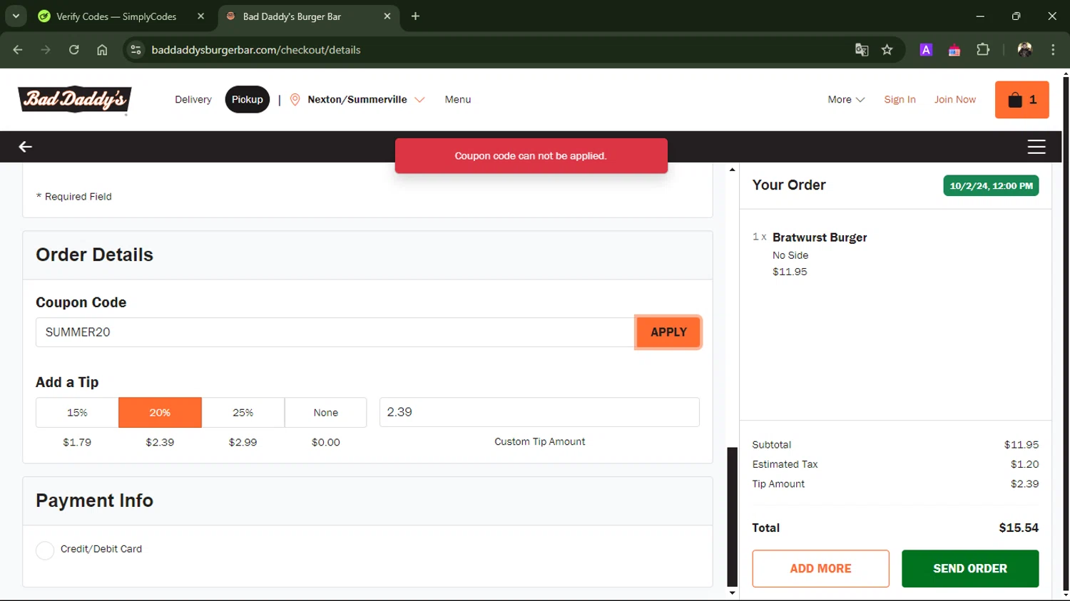 Bad Daddy’s Burger Bar. checkout page showing Bad Daddy’s Burger Bar. promo code box | Screenshot taken by SimplyCodes community member on Oct 1, 2024