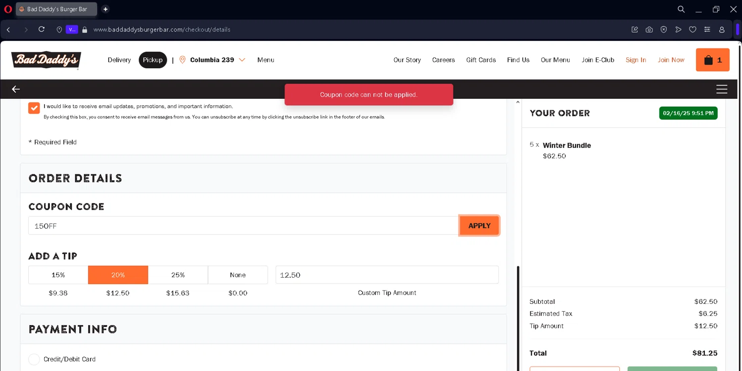 Bad Daddy’s Burger Bar. promo code screenshot showing code 15OFF applied at Bad Daddy’s Burger Bar. checkout page. Uploaded by SimplyCodes community member JosephStevens774 on Feb 17, 2025