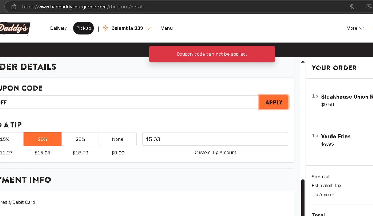 Bad Daddy’s Burger Bar. promo code screenshot showing code 15OFF applied at Bad Daddy’s Burger Bar. checkout page. Uploaded by SimplyCodes community member TuAmigoRed on Feb 17, 2025