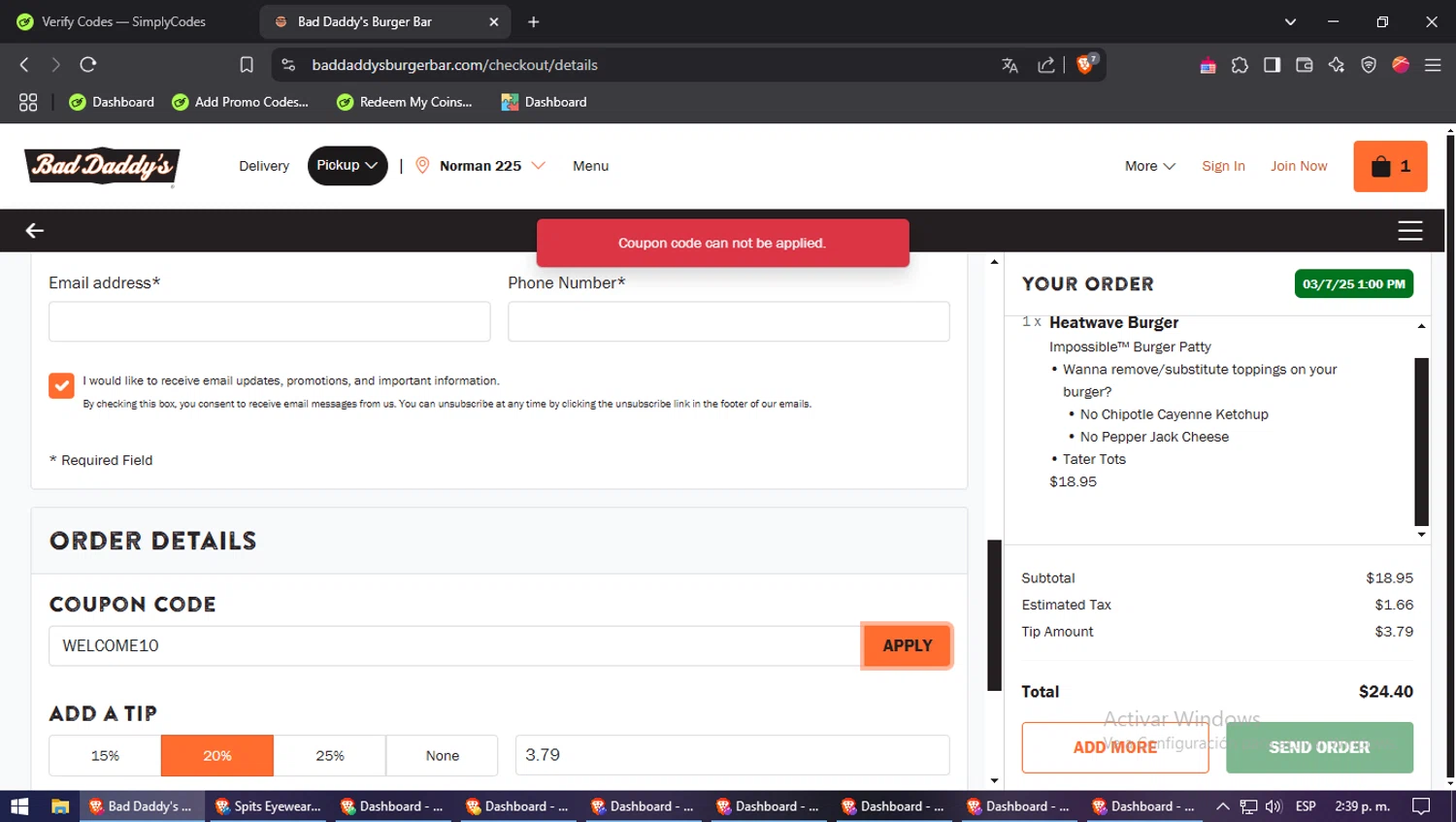 Bad Daddy’s Burger Bar. checkout page showing Bad Daddy’s Burger Bar. promo code box | Screenshot taken by SimplyCodes community member on Mar 7, 2025