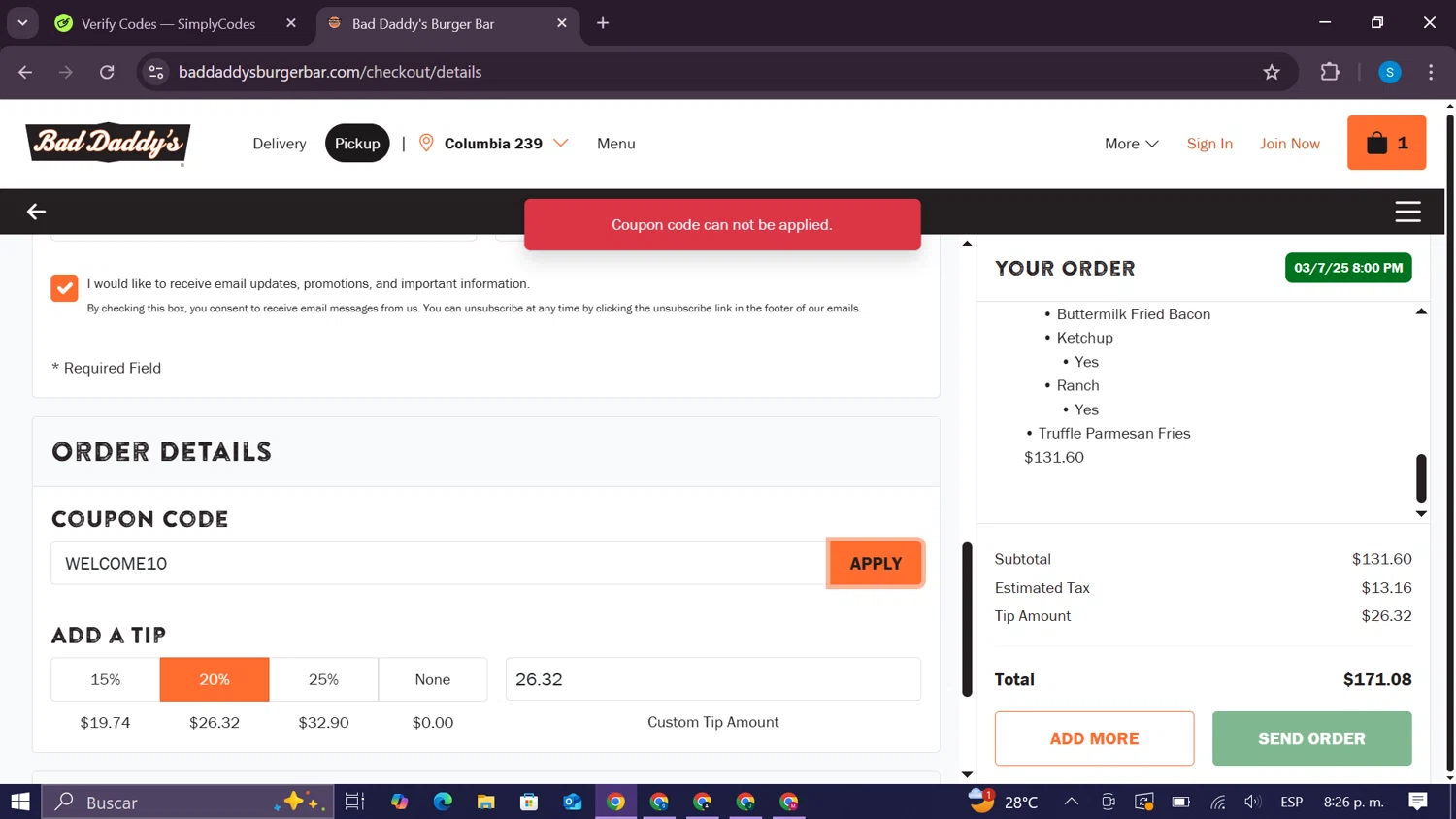 Bad Daddy’s Burger Bar. promo code screenshot showing code WELCOME10 applied at Bad Daddy’s Burger Bar. checkout page. Uploaded by SimplyCodes community member CodeExpert981 on Mar 8, 2025