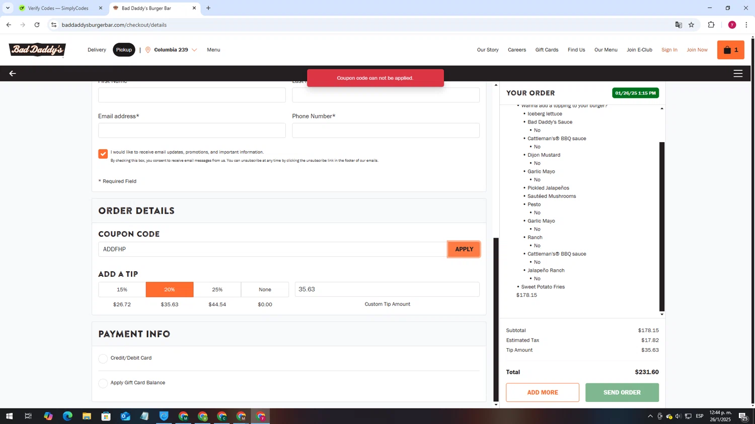 Bad Daddy’s Burger Bar. promo code screenshot showing code ADDFHP applied at Bad Daddy’s Burger Bar. checkout page. Uploaded by SimplyCodes community member ThriftyWizard1508 on Jan 26, 2025