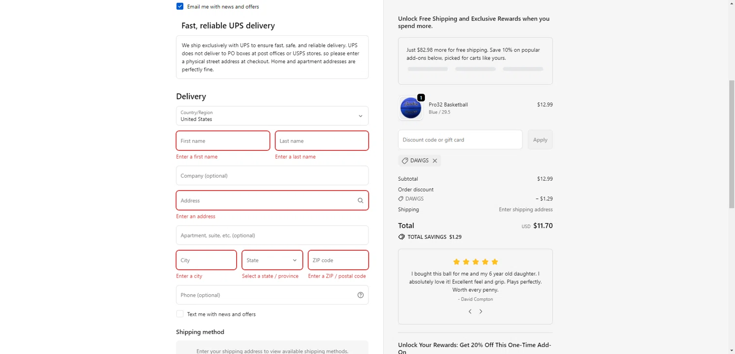 Baden Sports checkout page showing Baden Sports promo code box | Screenshot taken by SimplyCodes community member on Feb 10, 2026