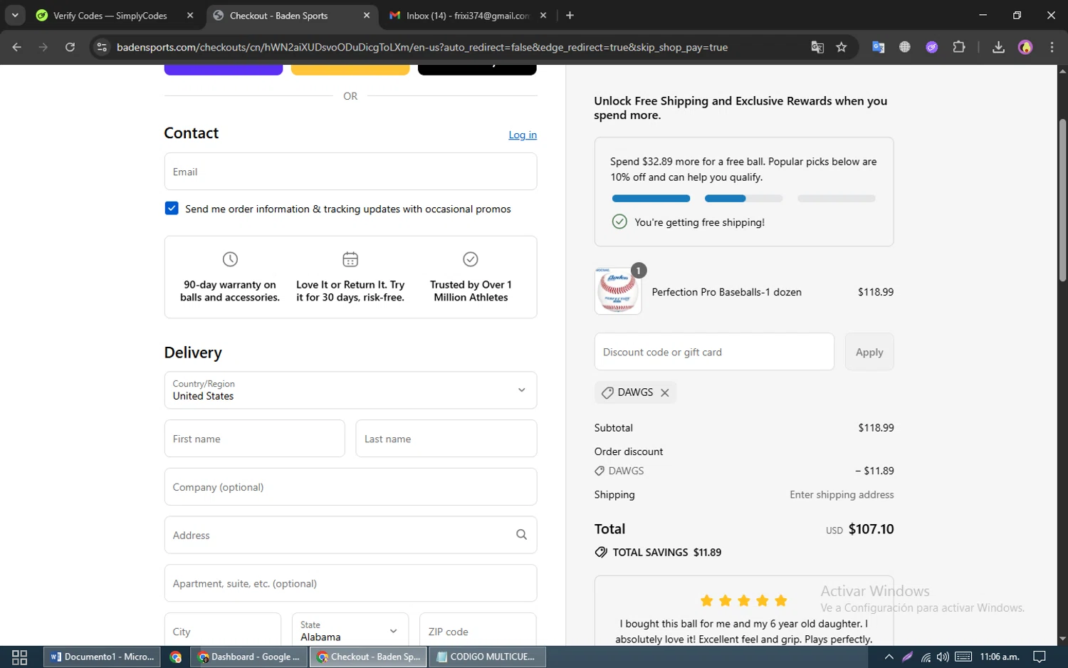 Baden Sports promo code screenshot showing code DAWGS applied at Baden Sports checkout page. Uploaded by SimplyCodes community member LassoReyes on Sep 4, 2025