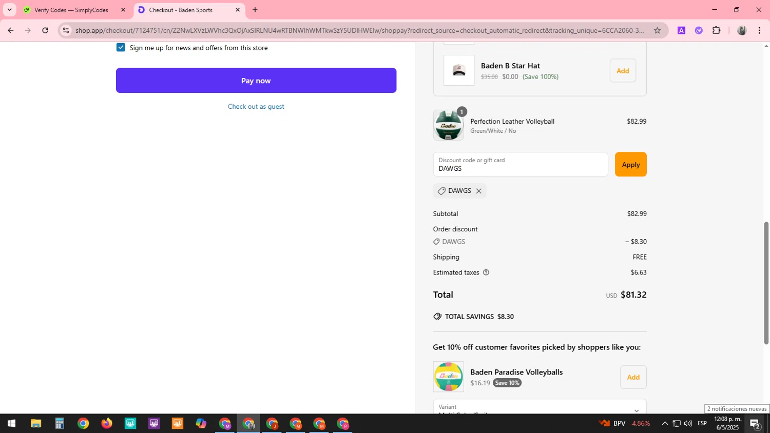 Baden Sports promo code screenshot showing code DAWGS applied at Baden Sports checkout page. Uploaded by SimplyCodes community member SARAI13 on May 6, 2025