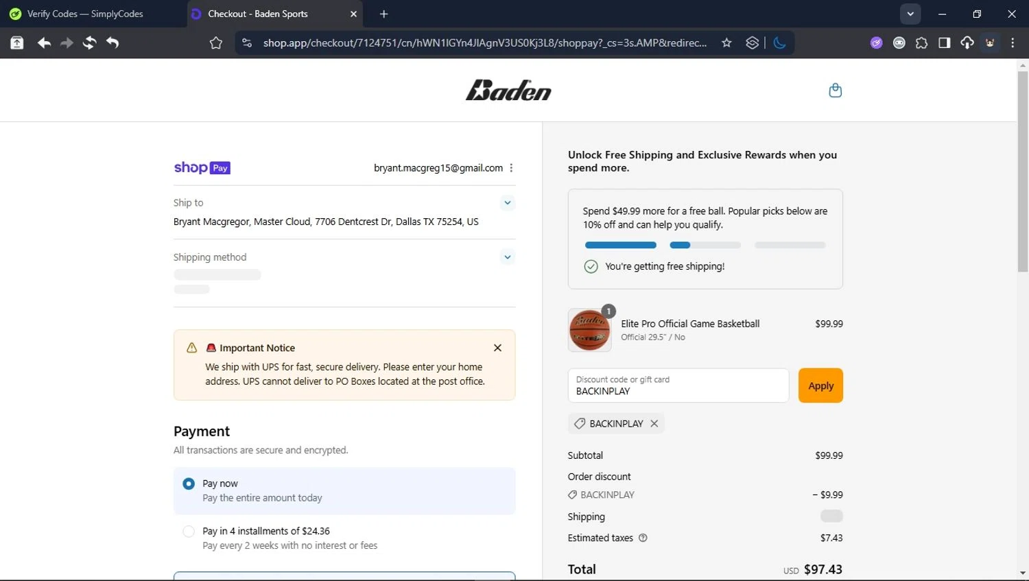 Baden Sports promo code screenshot showing code BACKINPLAY applied at Baden Sports checkout page. Uploaded by SimplyCodes community member LegendaryCollector6259 on Aug 13, 2025
