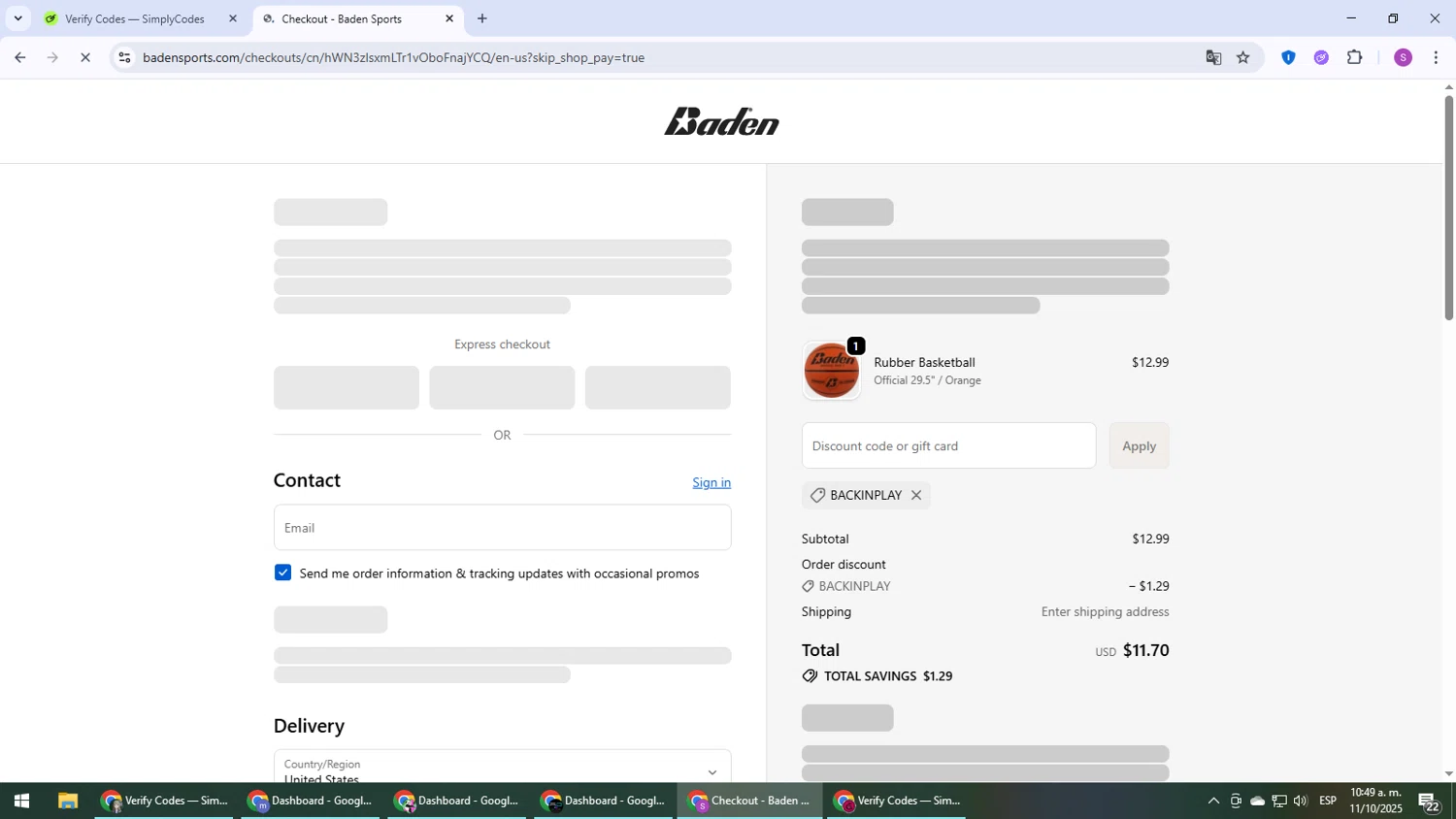 Baden Sports promo code screenshot showing code BACKINPLAY applied at Baden Sports checkout page. Uploaded by SimplyCodes community member Son_Goku on Oct 11, 2025