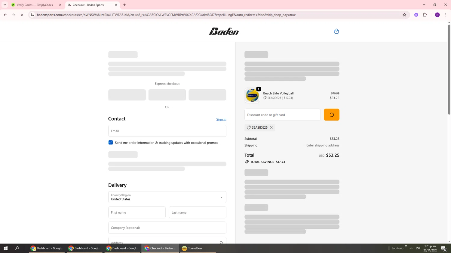 Baden Sports promo code screenshot showing code SEASIDE25 applied at Baden Sports checkout page. Uploaded by SimplyCodes community member ukemochi on Nov 20, 2025