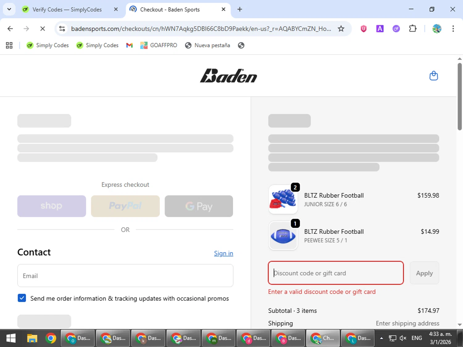 Baden Sports promo code screenshot showing code IGCC25 applied at Baden Sports checkout page. Uploaded by SimplyCodes community member ShrewdSpotter4101 on Jan 3, 2026