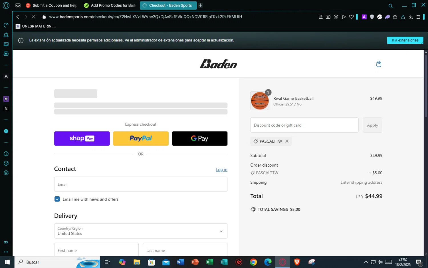 Baden Sports promo code screenshot showing code PASCALTTW applied at Baden Sports checkout page. Uploaded by SimplyCodes community member TheJyzu on Feb 19, 2025