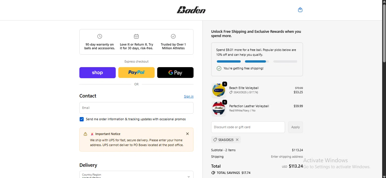 Baden Sports promo code screenshot showing code SEASIDE25 applied at Baden Sports checkout page. Uploaded by SimplyCodes community member anosesmith on Nov 14, 2025