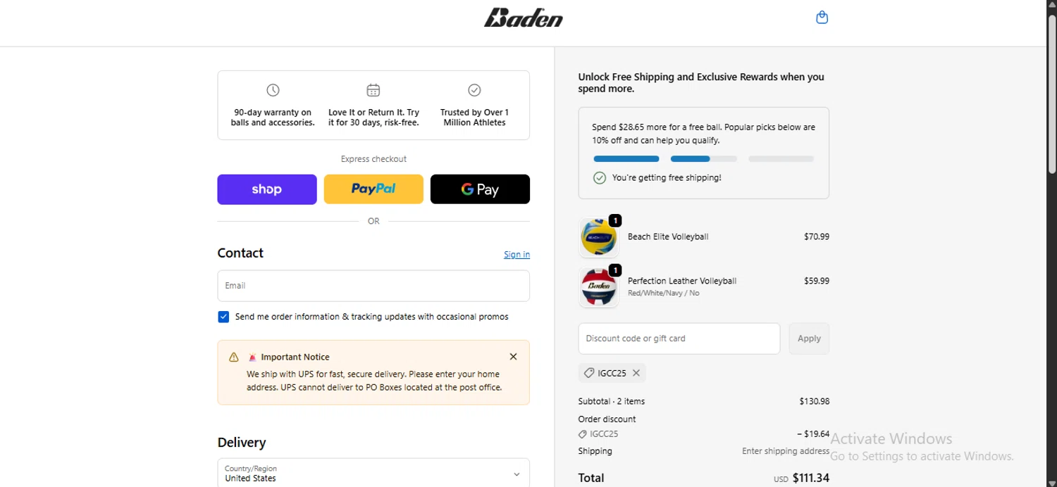 Baden Sports promo code screenshot showing code IGCC25 applied at Baden Sports checkout page. Uploaded by SimplyCodes community member anosesmith on Nov 14, 2025