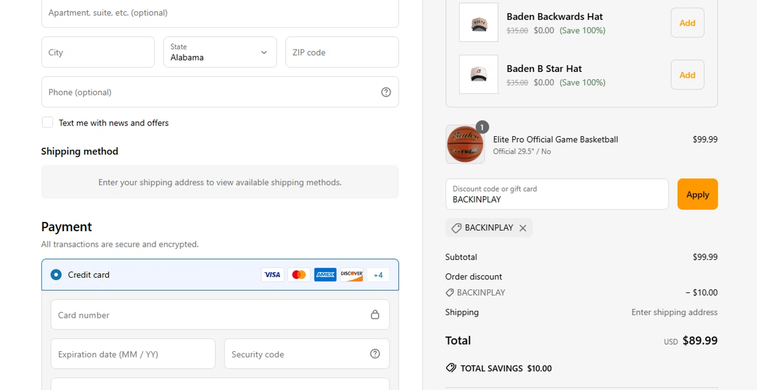 Baden Sports promo code screenshot showing code BACKINPLAY applied at Baden Sports checkout page. Uploaded by SimplyCodes community member balance888 on May 1, 2025