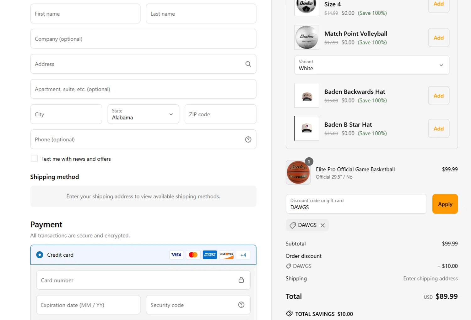 Baden Sports promo code screenshot showing code DAWGS applied at Baden Sports checkout page. Uploaded by SimplyCodes community member explorerr_exe on May 1, 2025
