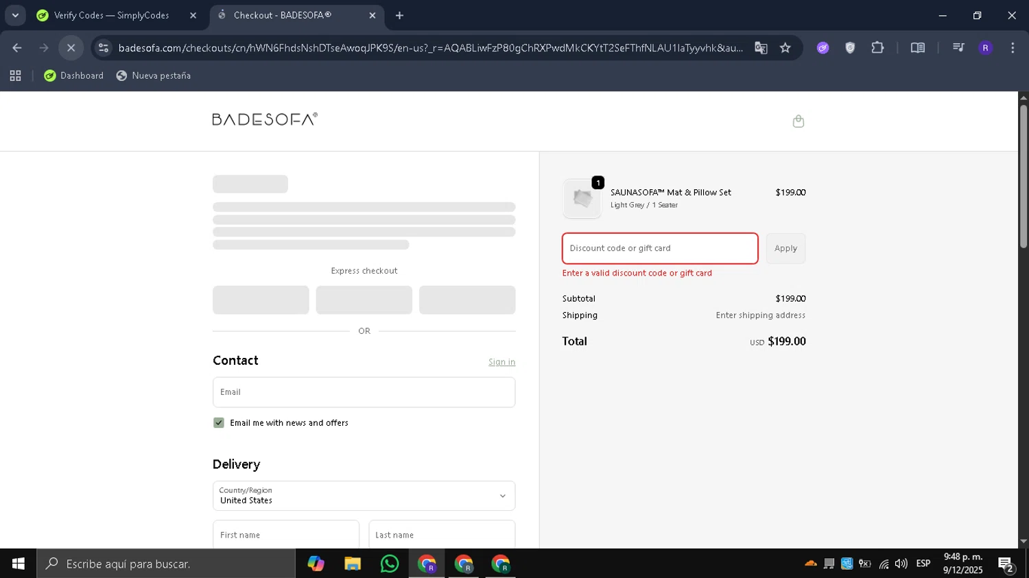 BADESOFA discount code screenshot showing code COMFORT10 applied at BADESOFA checkout page. Uploaded by SimplyCodes community member Mykeusername on Dec 10, 2025
