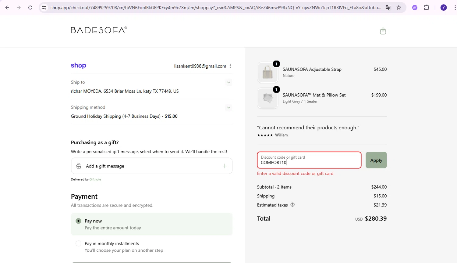 BADESOFA discount code screenshot showing code COMFORT10 applied at BADESOFA checkout page. Uploaded by SimplyCodes community member Yabriel007 on Dec 10, 2025