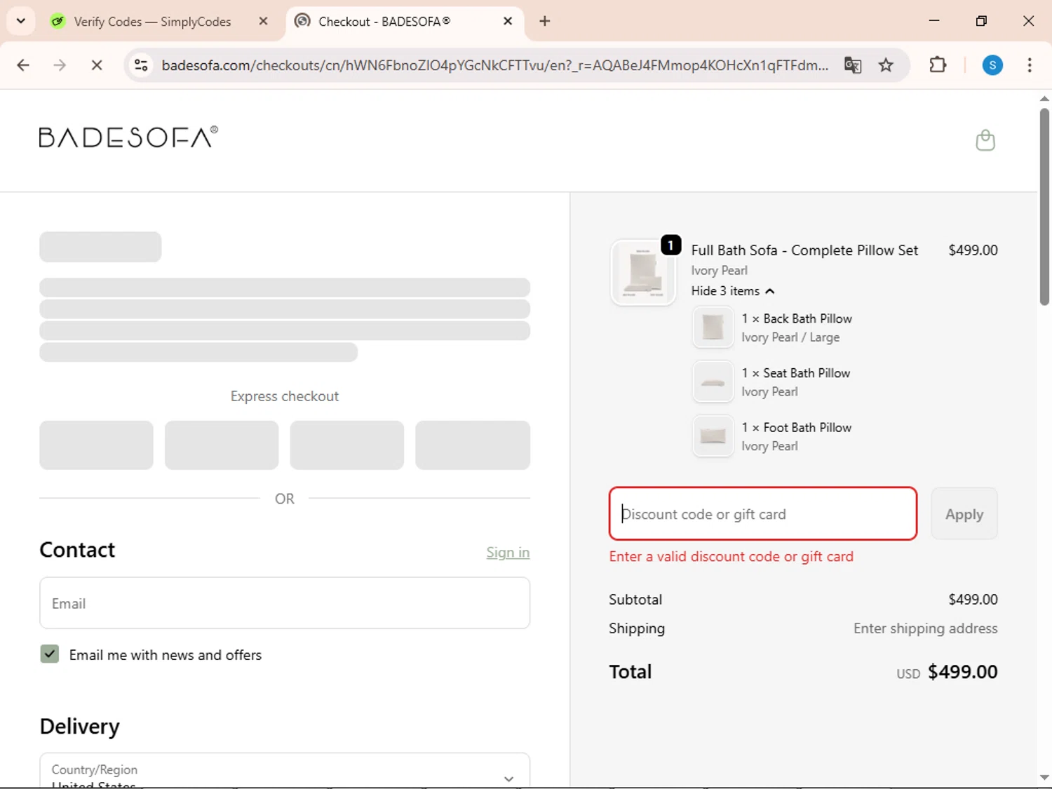 BADESOFA discount code screenshot showing code COMFORT10 applied at BADESOFA checkout page. Uploaded by SimplyCodes community member uleesesv on Dec 10, 2025