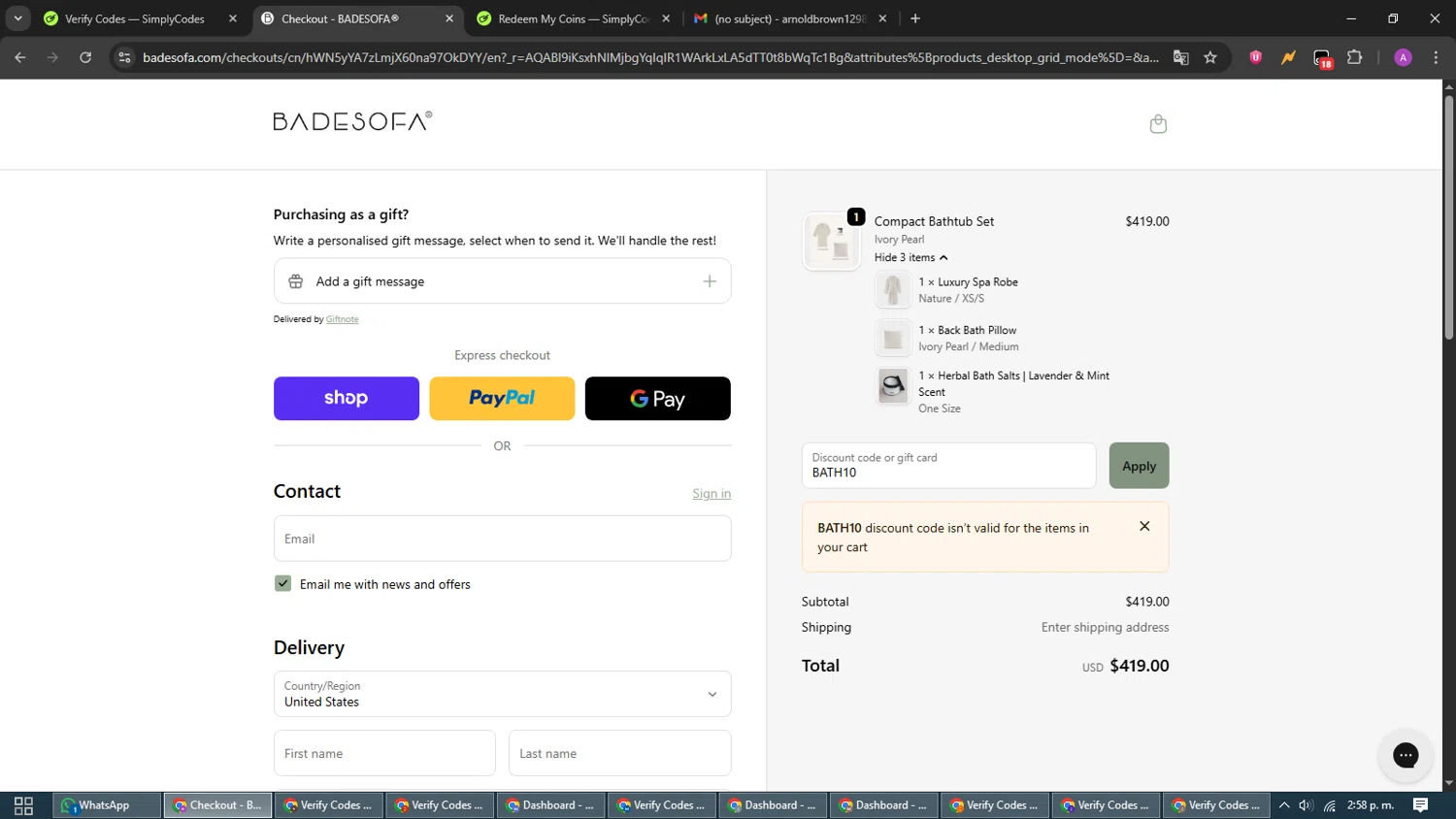 BADESOFA discount code screenshot showing code BATH10 applied at BADESOFA checkout page. Uploaded by SimplyCodes community member CouponScout5403 on Dec 2, 2025