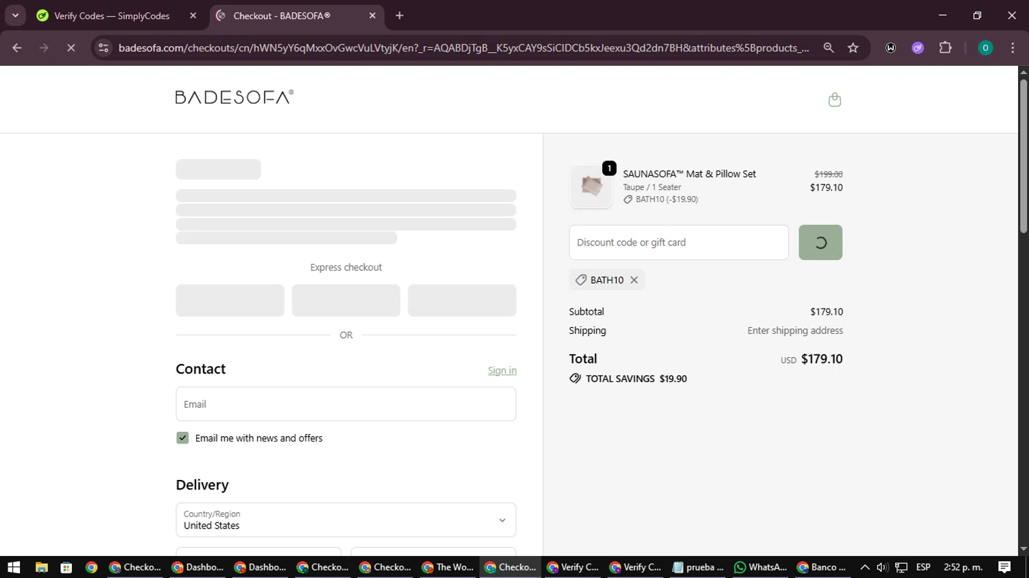 BADESOFA discount code screenshot showing code BATH10 applied at BADESOFA checkout page. Uploaded by SimplyCodes community member LuckyDefender9428 on Dec 2, 2025